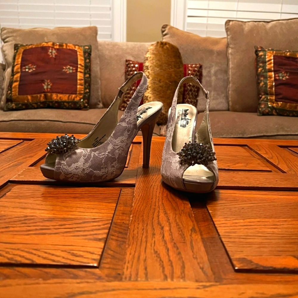 Coach and four heels, champagne toast, open toed,